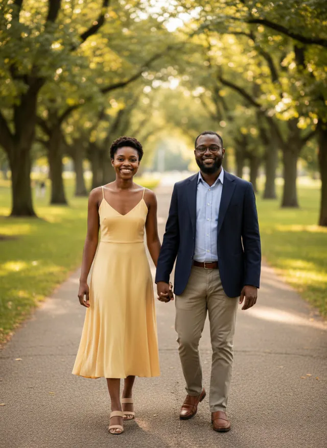 AI-generated image of a fictional couple walking hand in hand along a tree-lined park path, she in a yellow dress and he in a navy jacket