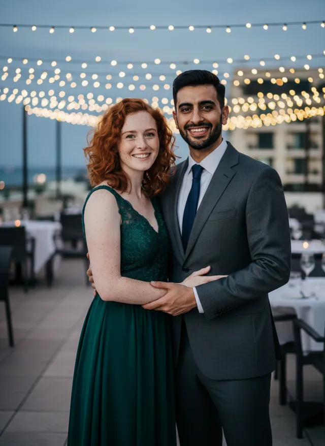 AI-generated image of a fictional couple standing close with string lights behind them at dusk