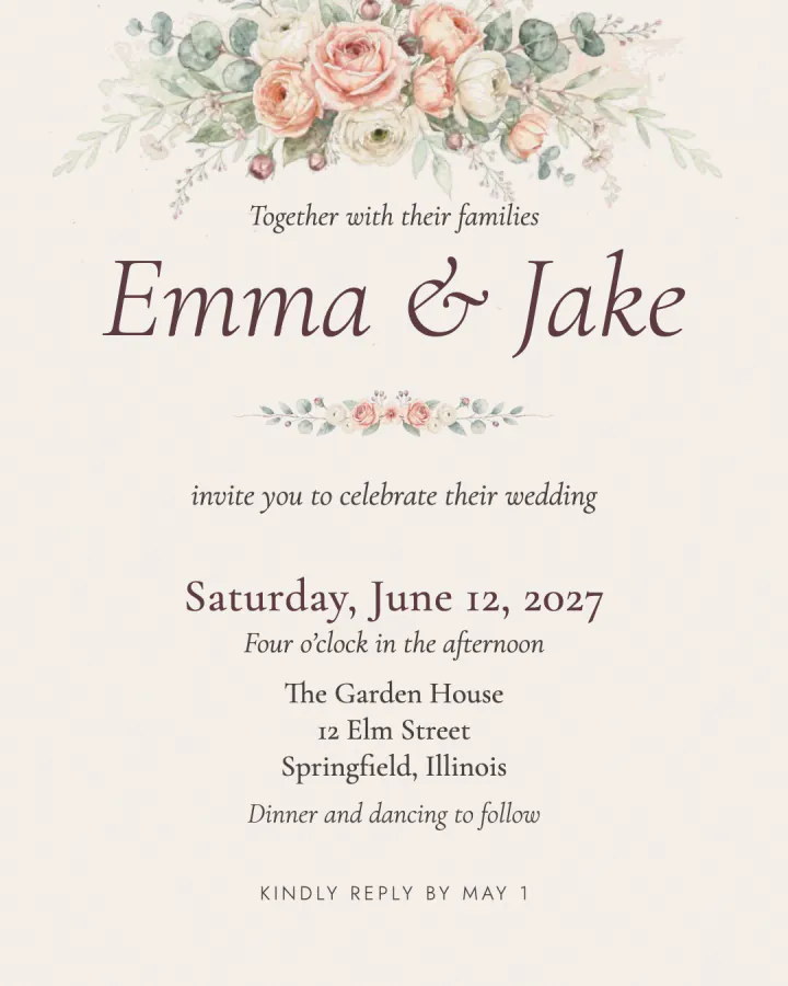 Garden Watercolor wedding invitation with watercolor flowers, 4:5 post, sample names Emma and Jake