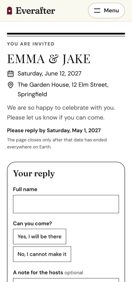 Guest RSVP page in the Editorial look at 375 px wide, with a sample event and an empty reply form