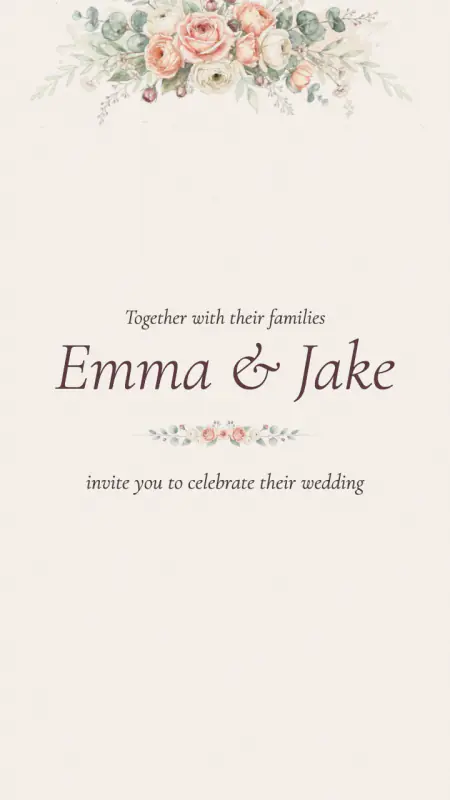 A frame of a Garden Watercolor wedding invitation video with sample names Emma and Jake and AI-generated photos of a fictional couple
